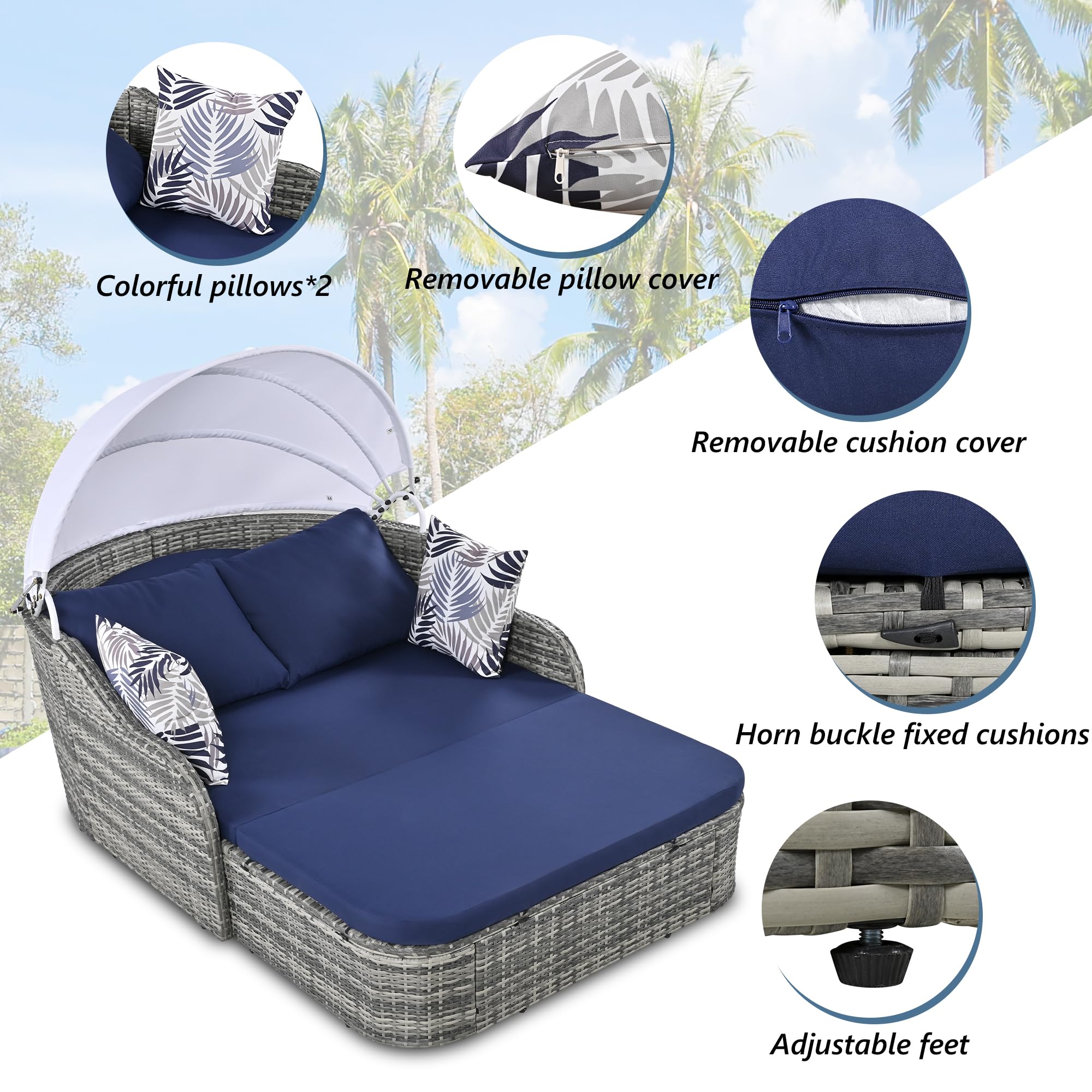 Merax, Double Lounge Bed, Blue Outdoor Patio Rattan Daybed Sunbed with Retractable Canopy, Sectional Conversation Sofa Set for Backyard and Porch