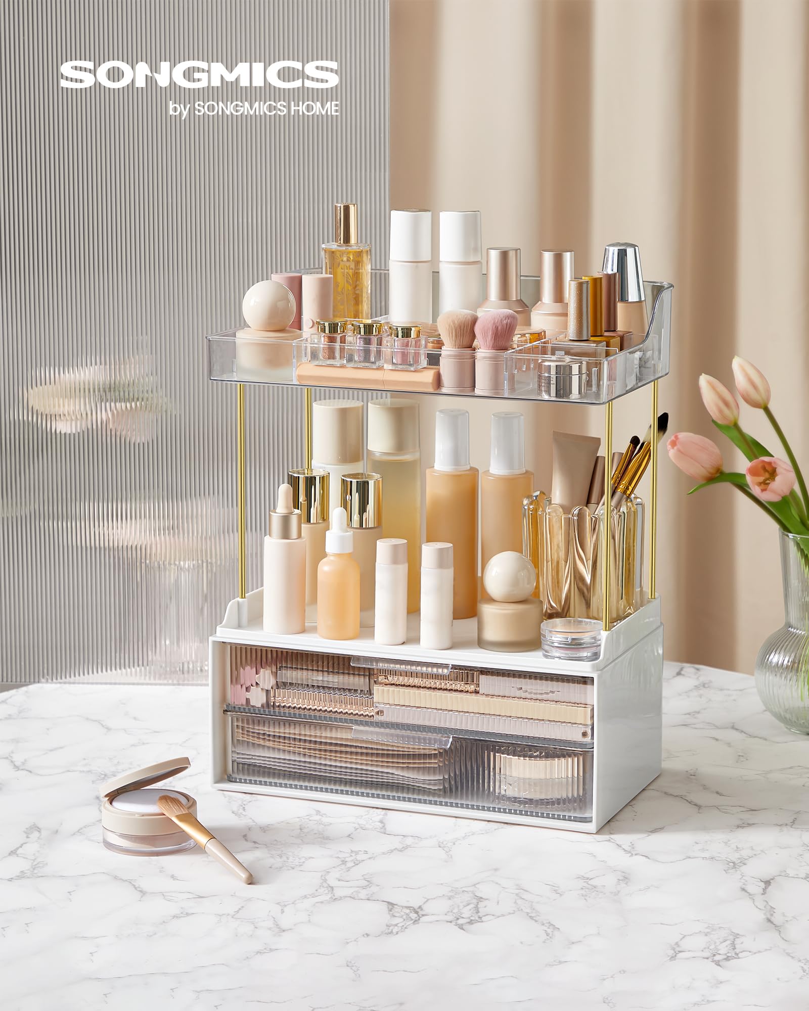 SONGMICS 4-Layer Makeup Organizer, Skincare Organizer, 4 Dividers, Anti-Slip Design, Bathroom Counter Organizer, Versatile for Vanity Bedroom Kitchen, Christmas Gift, Transparent UJKA021W02