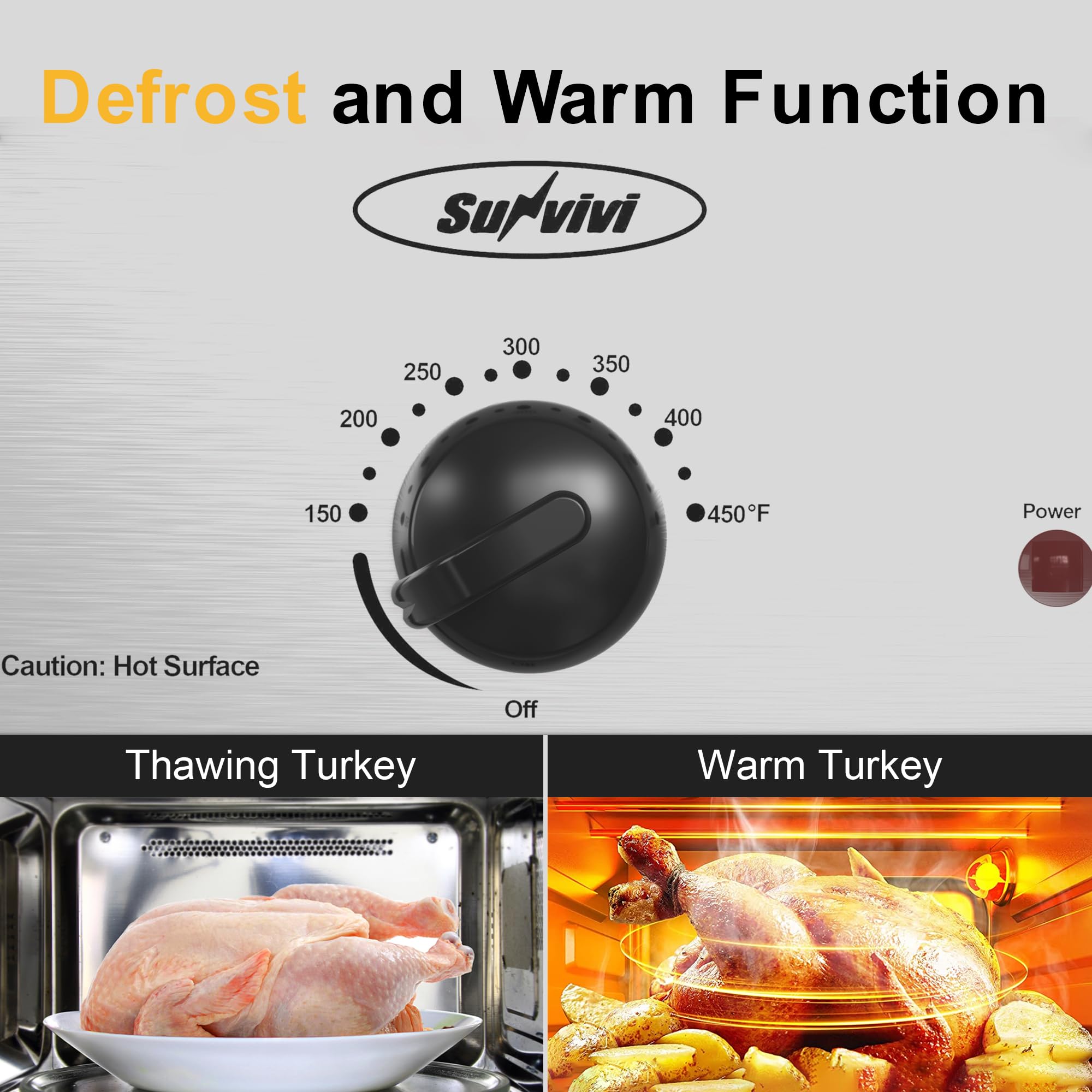 Sunvivi 14-Quart Roaster Oven with Self-Basting Lid, Electric Turkey Roaster Oven with Removable Pan and Rack, Stainless Steel, Silver