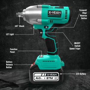 X-YEAH Cordless Impact Wrench - 1/2" Brushless Impact Gun, Max Torque 406 Ft-lbs(550N.m), with 21V 4.0Ah Li-ion Battery & Charger Kit in Case - Powerful and Portable