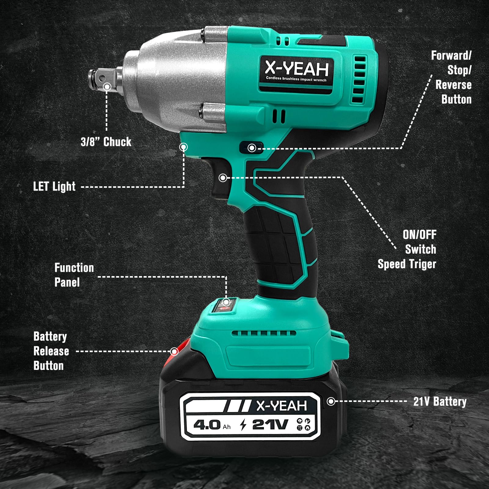 X-YEAH Cordless Impact Wrench - 1/2" Brushless Impact Gun, Max Torque 406 Ft-lbs(550N.m), with 21V 4.0Ah Li-ion Battery & Charger Kit in Case - Powerful and Portable