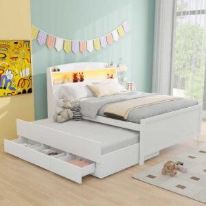 Mirightone Full Captain Bed with Trundle and Storage Drawers, Wood Platform Bed with LED Light Headboard, Twin Size Trundle Bed for Kids Boys Girls Teens, White