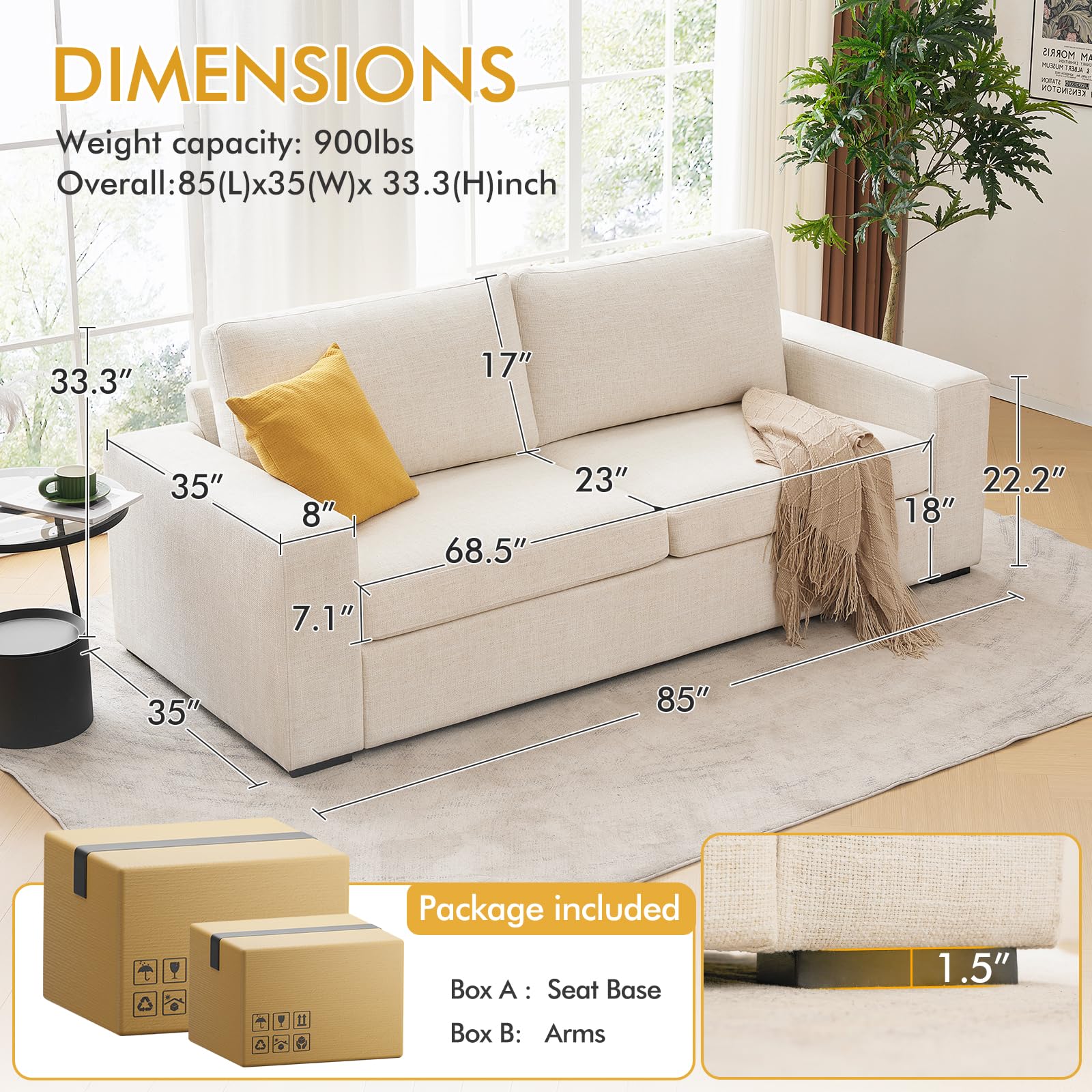 ELUCHANG 85" Modern Sofa Couches for Living Room, 3 Seater Sofa, Natural Linen Deep Seat Sofa with Upholstered Cushion&Detachable Cover, Comfy Sofa Couch for Small Space, Apartment, Cream