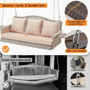 ZZW Upgraded Wicker Hanging Porch Swing Heavy Duty 900 LBS 3-Seat Outdoor Patio Swing Chair Bench for Adult w/ 8.9ft Hanging Chains Cushions and Cup Holder