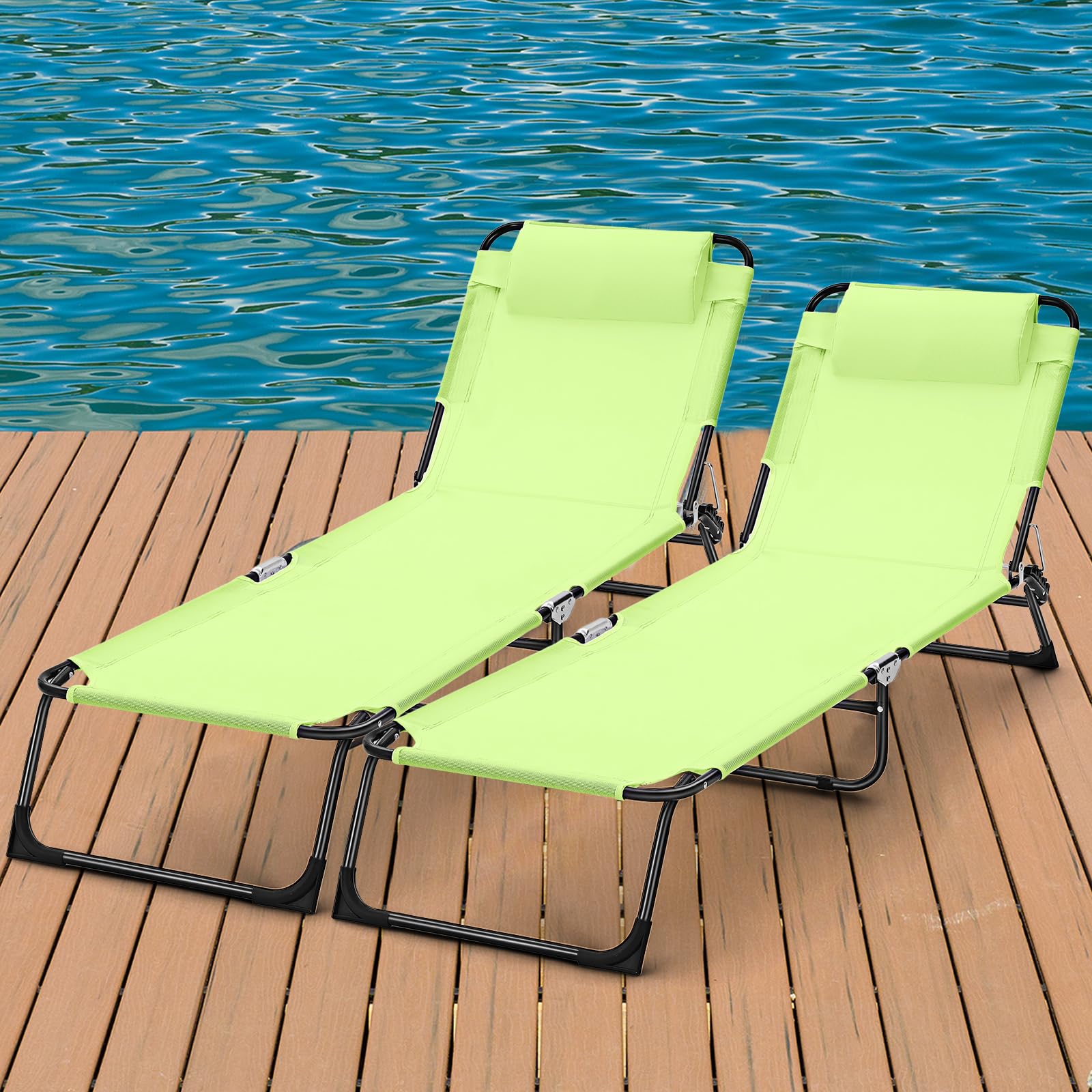 Suzile 2 Pack Folding Chaise Lounge Chairs Outdoor Sun Tanning Chair for Outside Foldable Beach Chair with Pillow 5 Position Reclining Back Breathable Mesh Pool Chair for Beach Yard Lawn Patio(Green)