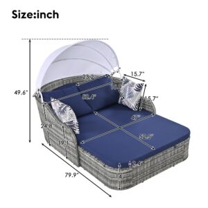 Merax, Double Lounge Bed, Blue Outdoor Patio Rattan Daybed Sunbed with Retractable Canopy, Sectional Conversation Sofa Set for Backyard and Porch