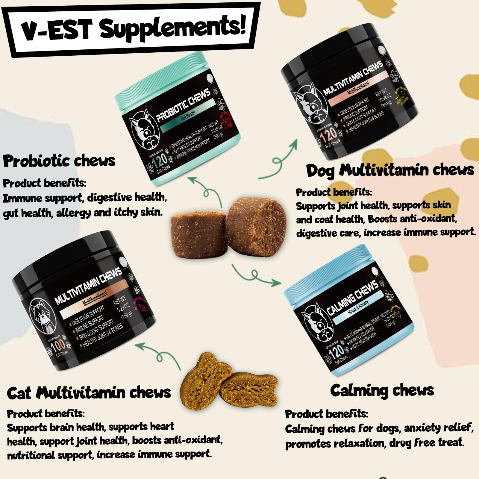 V-EST Cat Supplements - Lysine for Cats - Cat Supplements & Vitamins- Cat Immune Support, Digestive Support - Sneezing Relief - Lysine Cat Treats - Cat Vitamins for Indoor Cats - Cat Health Supplies