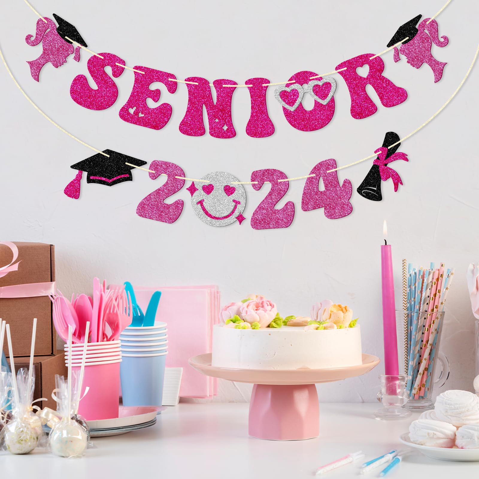 Senior 2024 Banner, Pre-strung Graduation Banner for Girls, 2024 Congrats Grad Party Decorations, Music High School College Graduation Bunting Sign, Pink Glitter