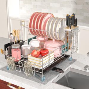 slhsy Dish Drying Rack - Large Capacity Stainless Steel Dish Rack for Kitchen Counter, 2-Tier Detachable Kitchen Organizers and Storage Rack with Drainboard and Cutlery Holder, Silver