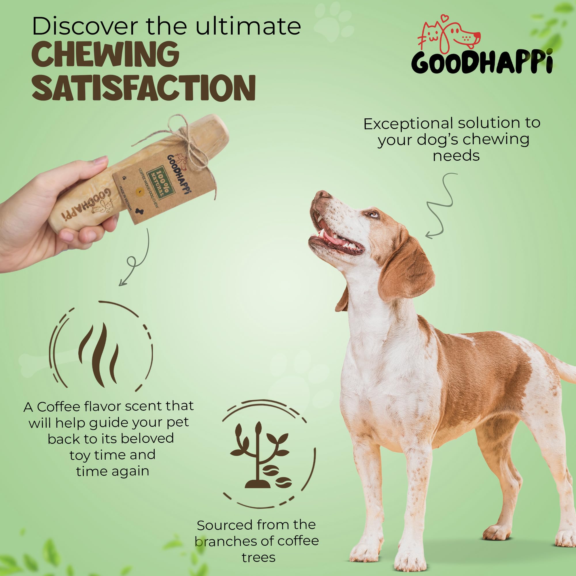 GOODHAPPI Natural Coffee Wood Dog Chew - Safe Wood Chews for Dogs, Perfect Chew Toys for Puppies 0-6 Months, Durable Coffee Stick Teething Toy for Puppies - Pack of 2 PCS