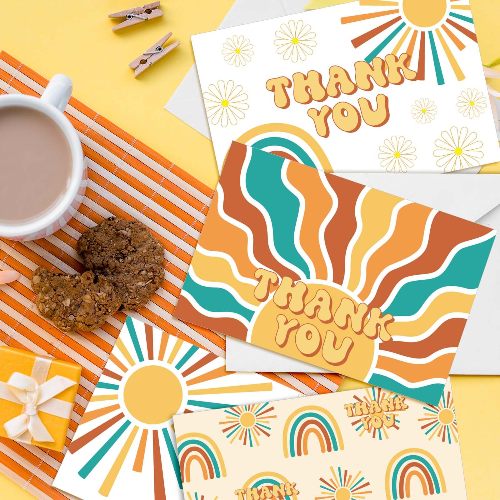 JarThenaAMCS 30 Packs Boho Sun Thank You Cards Groovy Retro Sunshine Greeting Cards with Envelopes and Stickers Here Comes the Son Blank Note Cards for Baby Shower Birthday Party Supplies