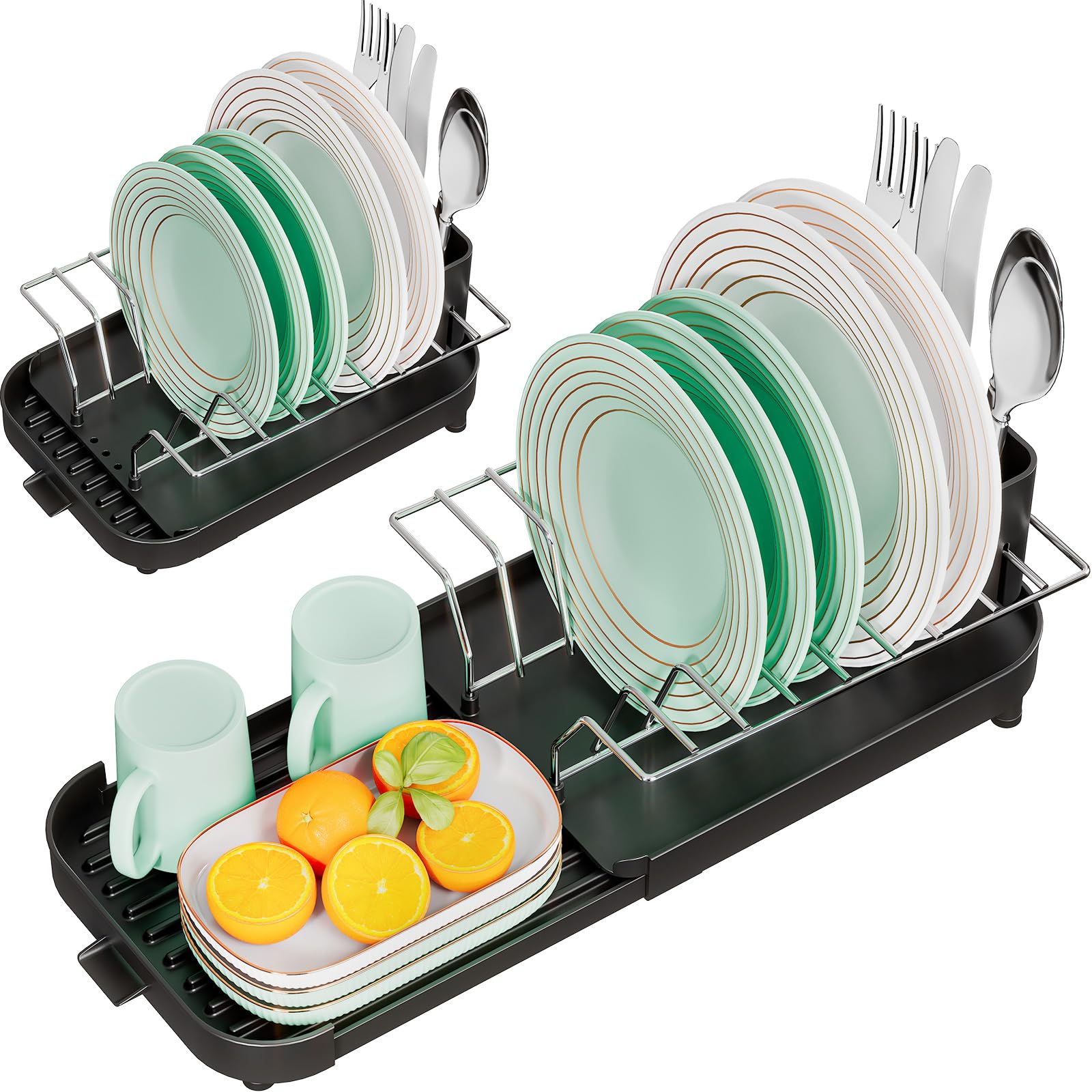 Urackify Small Dish Drying Rack, Expandable Compact Dish Drainer with Cutlery Holder, Narrow Dish Rack with Drain for Kitchen Counter, Space Saving Slim Plate Rack, Dishes Holder for Sink Countertop