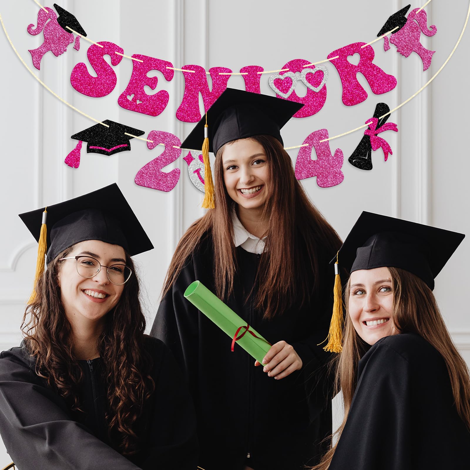 Senior 2024 Banner, Pre-strung Graduation Banner for Girls, 2024 Congrats Grad Party Decorations, Music High School College Graduation Bunting Sign, Pink Glitter