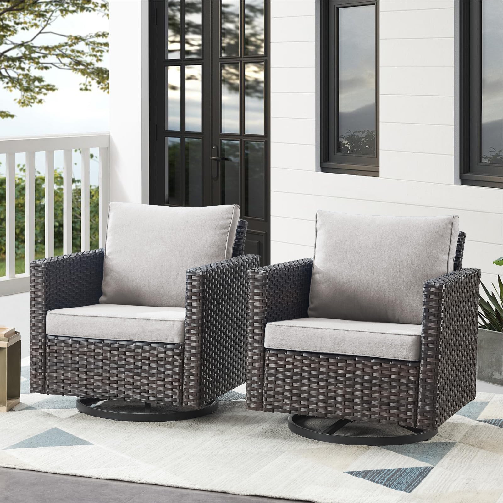 Artfurniz Patio Chairs Wicker Swivel Rocker - Oversize Patio Furniture Conversation Set Outdoor Swivel Glider 350LBS Max Load Outdoor Rocking Chairs with High Back for Porch Balcony Deck - Brown/Beige