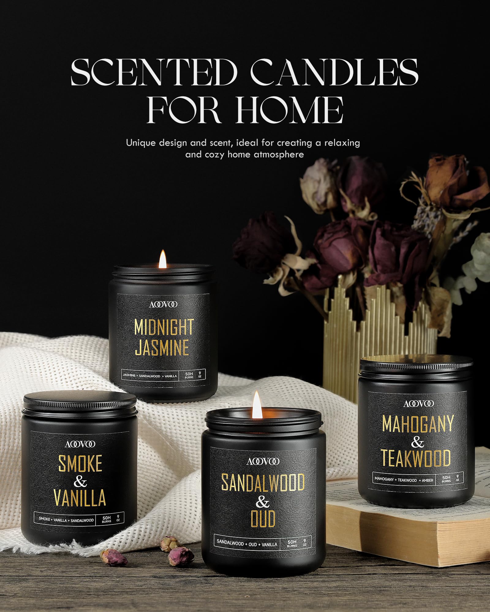 AOOVOO Scented Candles for Men - Candles for Home Scented, Soy Candles, Scented Candles Set, Men Candle Set, Sandalwood Oud/Mahogany Teakwood/Smoke Vanilla/Jasmine Candles Set A