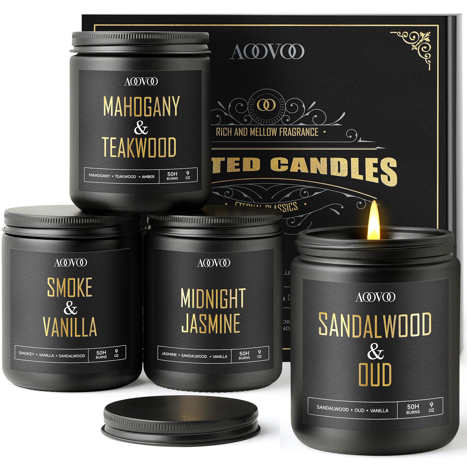 AOOVOO Scented Candles for Men - Candles for Home Scented, Soy Candles, Scented Candles Set, Men Candle Set, Sandalwood Oud/Mahogany Teakwood/Smoke Vanilla/Jasmine Candles Set A