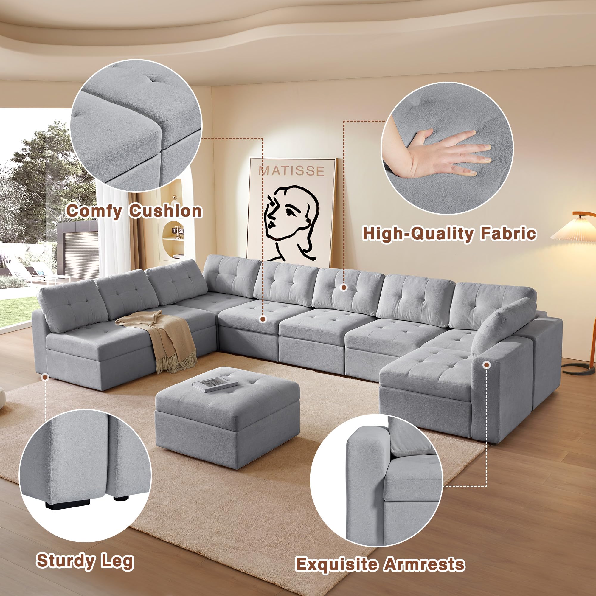 Convertible Modular Sectional Sofa Set Tufted Couch with Chaise and Storage for Living Room, Office, Large Spaces