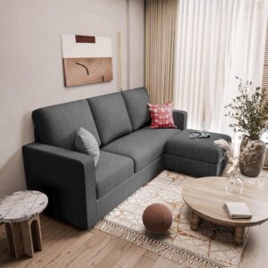 JUMMICO Convertible Sectional Sofa Couch, Fabric L-Shaped Sofa with 3 Seats, Removable Ottoman, Small Sofa for Small Apartments, Living Rooms and Offices (Deep Grey)