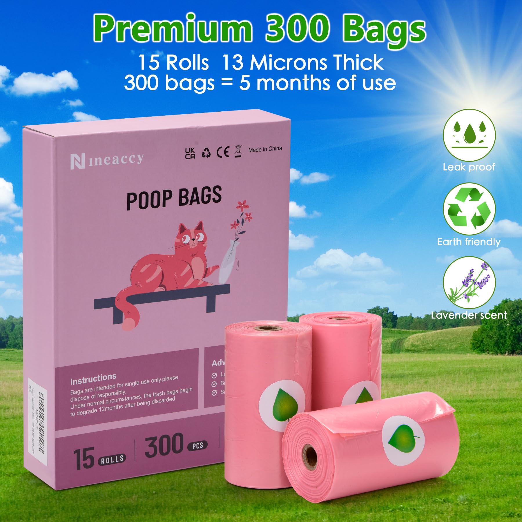 WDFAACK Biodegradable Pink Dog Poo Bags Lavender scent with Dispenser - 300 Large Poop Bags, Extra Thicken Strong Corn Starch Blended Compostable Leak Proof Poop Waste Bag for Dogs