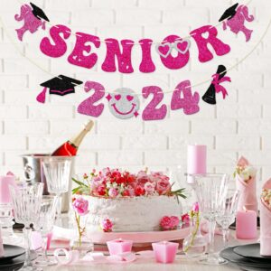 Senior 2024 Banner, Pre-strung Graduation Banner for Girls, 2024 Congrats Grad Party Decorations, Music High School College Graduation Bunting Sign, Pink Glitter