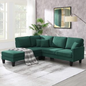 jintop 90inch terrycloth modern 5-seat practical sectional sofa with chaise, l-shape wood indoor couch with 3 pillows,for dorm,apartment,studio,office,lounges,green