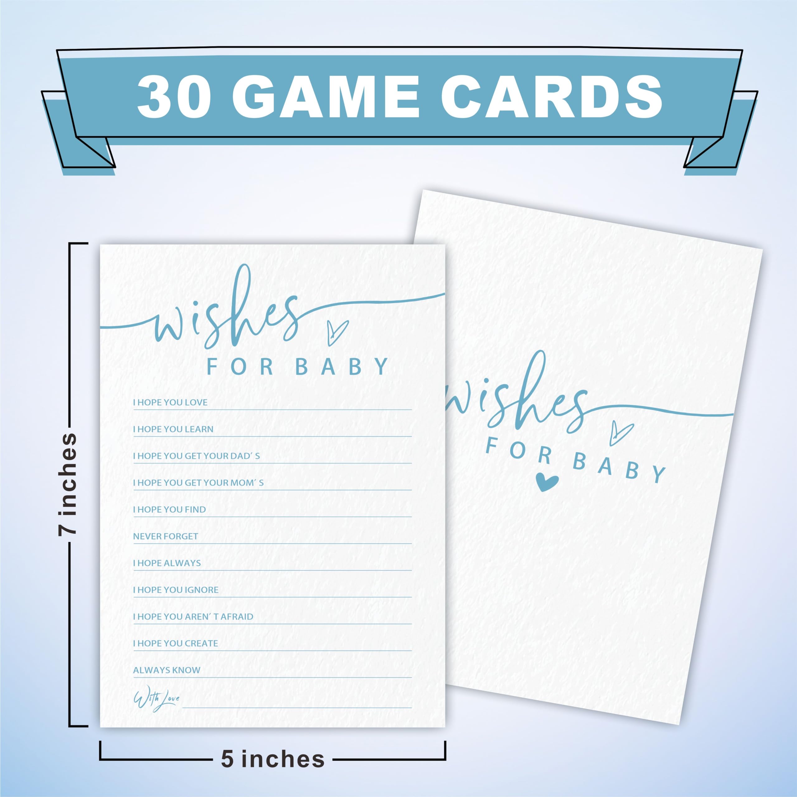 Wishes for Baby Game Set for Baby Shower - Minimalism White & Blue - 30 Double-Sided Fill in Style Game Cards for Gender Reveal, Baby Announcement, Party Favor & Supplies - C05