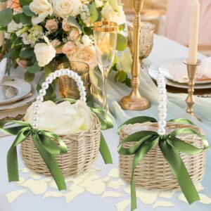 2 PCS Wicker Rattan Flower Girl Basket with 1000 PCS Artificial Silk Rose Petals Wedding Flower Girl Basket with Pearl Handle and Bow Fairy Flower Basket for Weddings Bridal Anniversary Party Decor