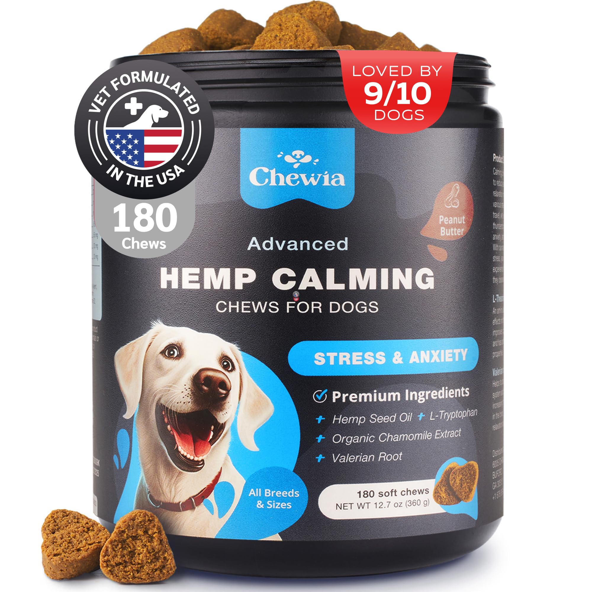 Hemp Calming Chews for Dogs - Dog Calming Treats - Anxiety Relief for Dogs - L-Theanine, Chamomile Extract, Valerian Root - Dog Anxiety Relief for Vet Visits, Travel, Thunderstorms, Nail Trimming