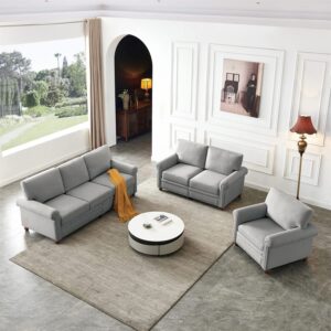 3-Piece Living Room Furniture Sets with Storage, Classic Living Room Sofa Set with Armrest Single Chair, Loveseat Sofa and 3-Seat Sofa, 1+2+3 seat with Silver Nails Decoration, Gray Fabric