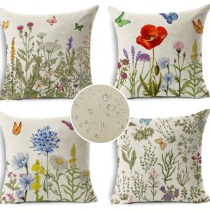 Outdoor Pillows Waterproof Flower Cushion Covers 45 x 45 cm Both Sides Garden Floral Butterfly Decorative Throw Pillow Covers Polyester Linen Pillowcase for Set of 4 outdoor pillow covers 18x18