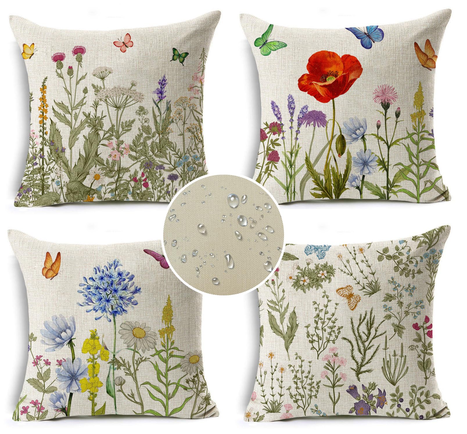 Outdoor Pillows Waterproof Flower Cushion Covers 45 x 45 cm Both Sides Garden Floral Butterfly Decorative Throw Pillow Covers Polyester Linen Pillowcase for Set of 4 outdoor pillow covers 18x18