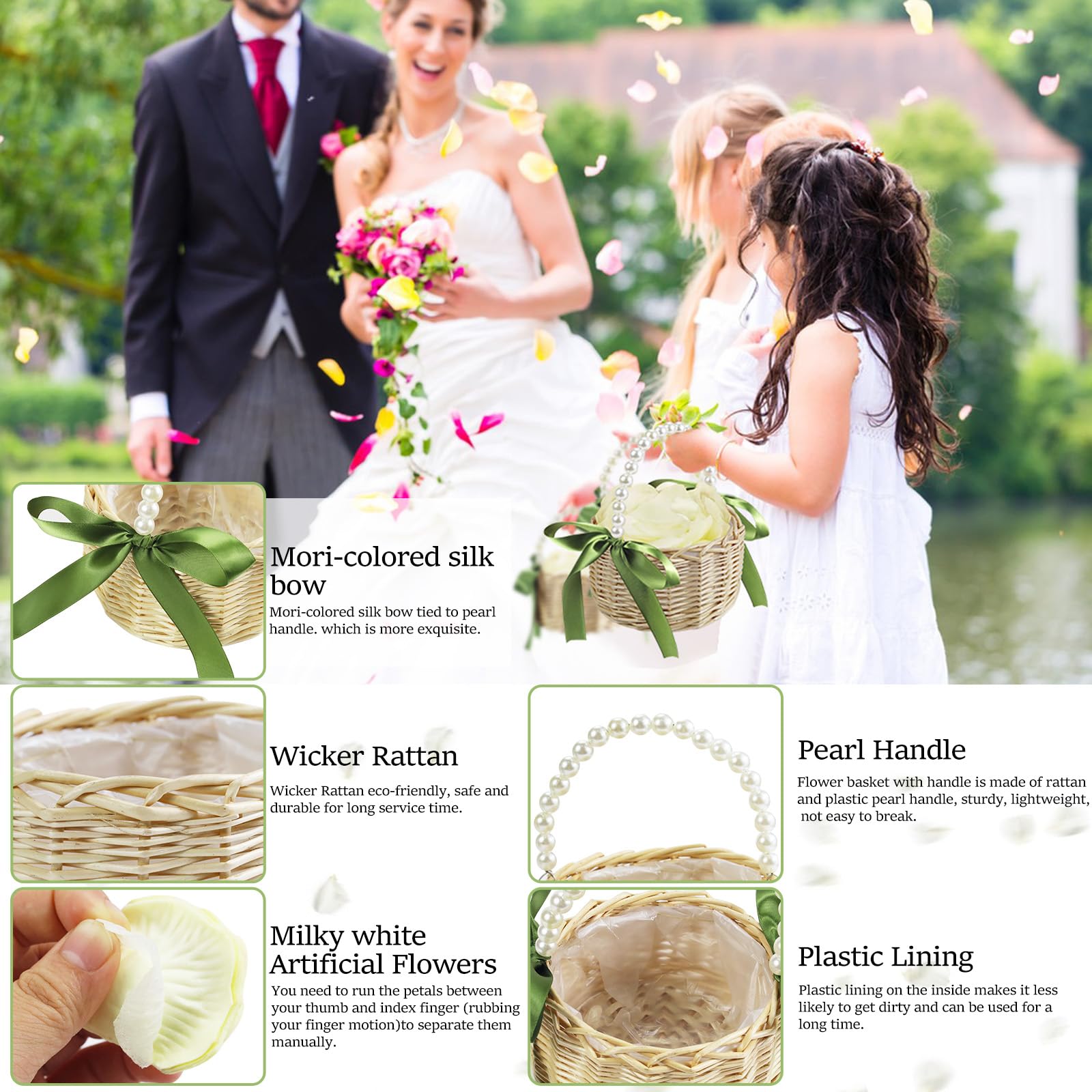 2 PCS Wicker Rattan Flower Girl Basket with 1000 PCS Artificial Silk Rose Petals Wedding Flower Girl Basket with Pearl Handle and Bow Fairy Flower Basket for Weddings Bridal Anniversary Party Decor