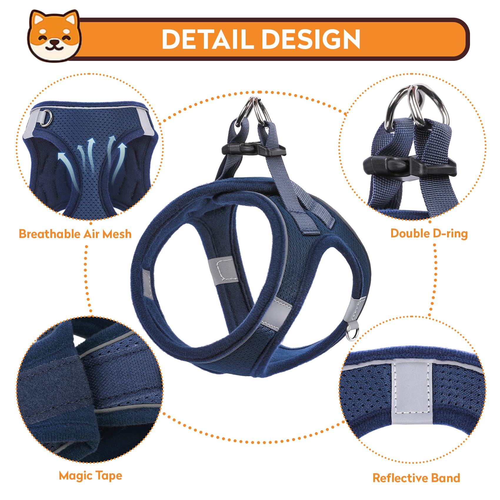 PWOD Dog Harness with Leash Set, No-Pull Step-in Reflective Pet Harness with 1 Leash Clips, Adjustable Soft Padded Easy Walk Dog Vest for Small Medium Large Dogs, Cats(Dark Blue,Medium)