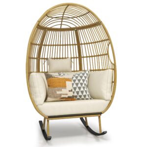 dwvo outdoor rocking egg chair, patio rocking chair oversized, 370lb capacity, anti-slip, all-weather wicker egg lounger chair for indoor, outside (beige)