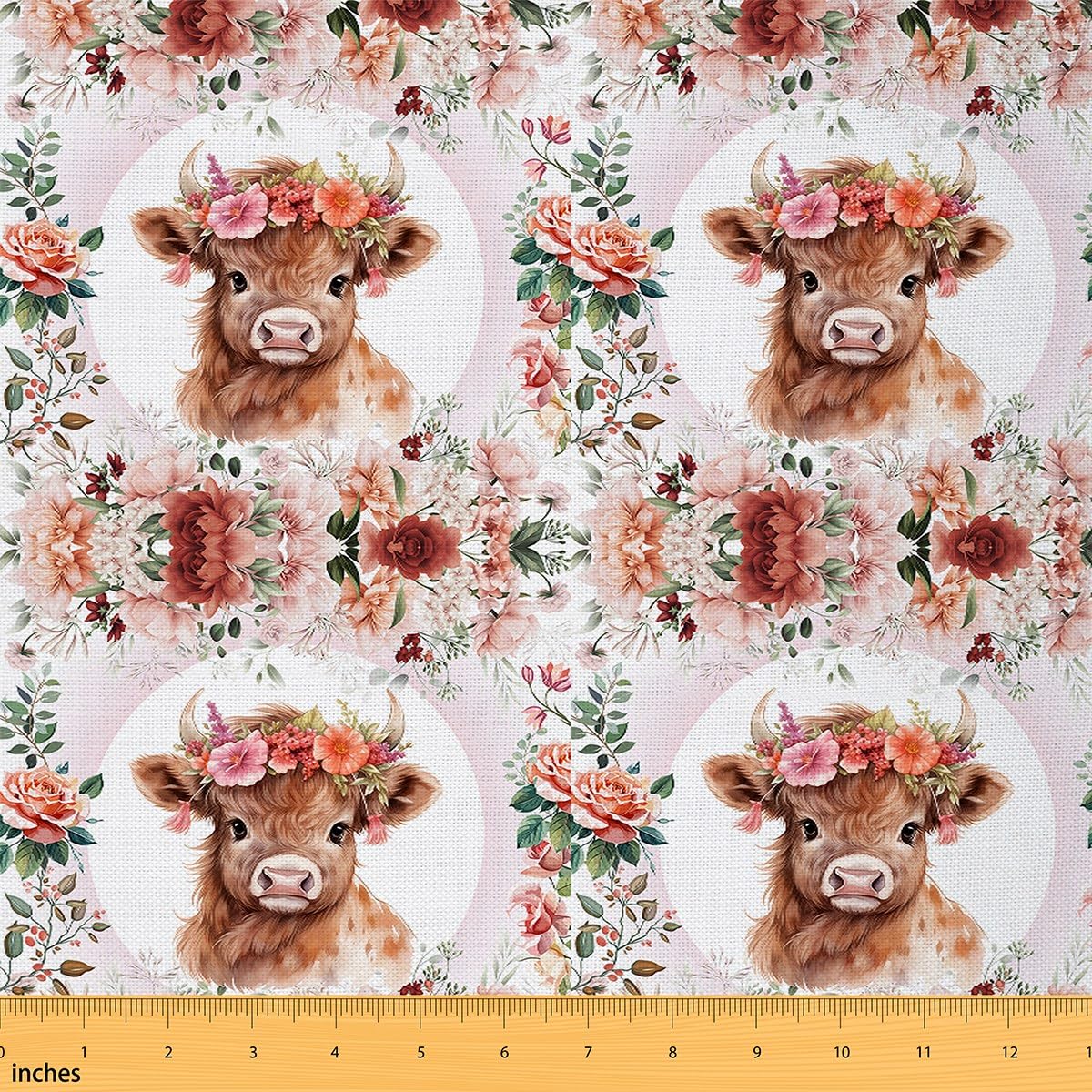 Feelyou Cute Highland Cow Fabric by The Yard 2 Yards Cartoon Animal Decorative Waterproof Outdoor Fabric Flower Floral Print Upholstery Fabric for Chairs Farm Zoo Garden Theme DIY Reupholstery Fabric