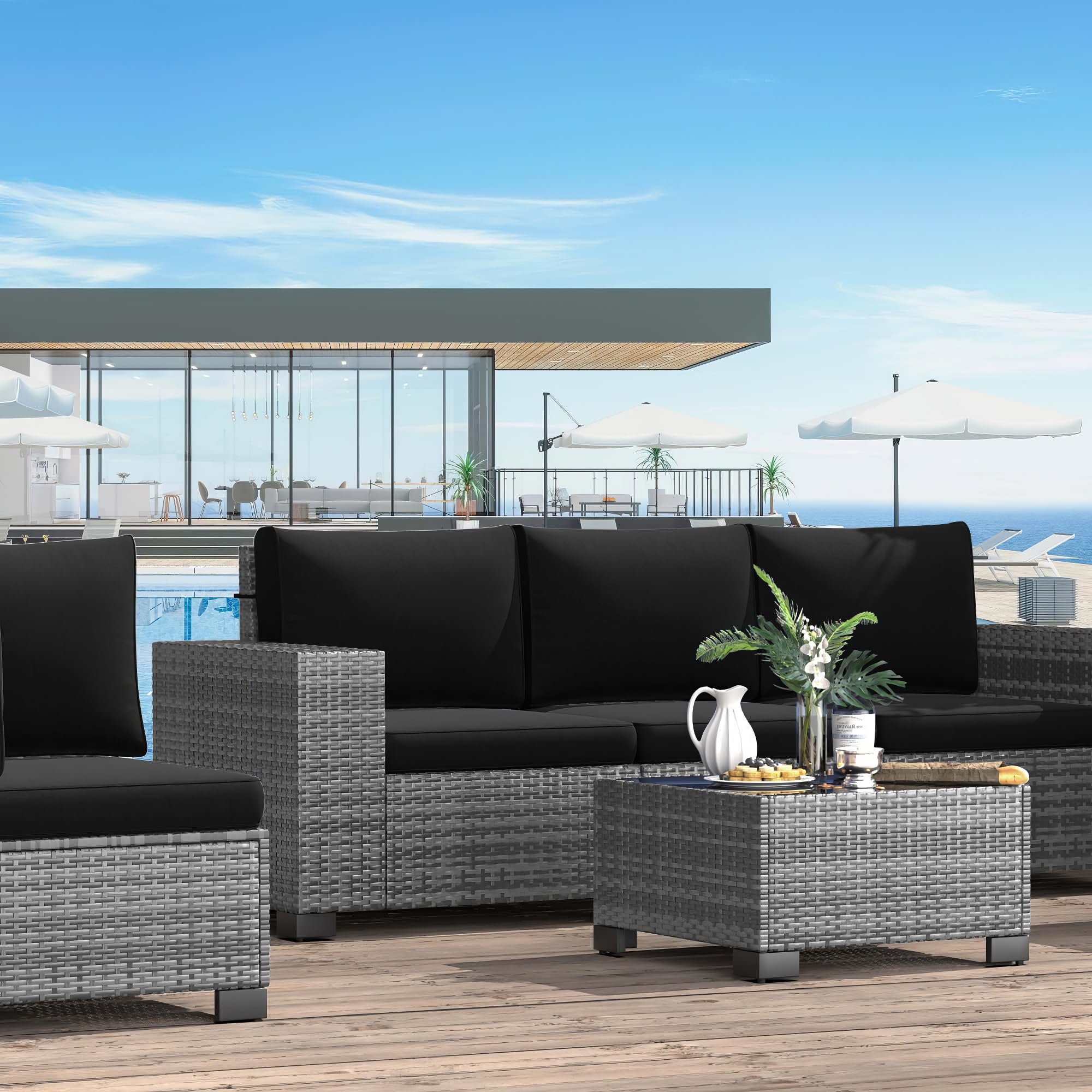 VONZOY Patio Furniture Set, Outdoor Sectional Sofa Sets, 6 Pieces Wide Armrest Grey PE Rattan Wicker Seating Conversation Set, 4'' Thickened Cushions 1 Glass Coffee Table for Backyard Poolside, Black