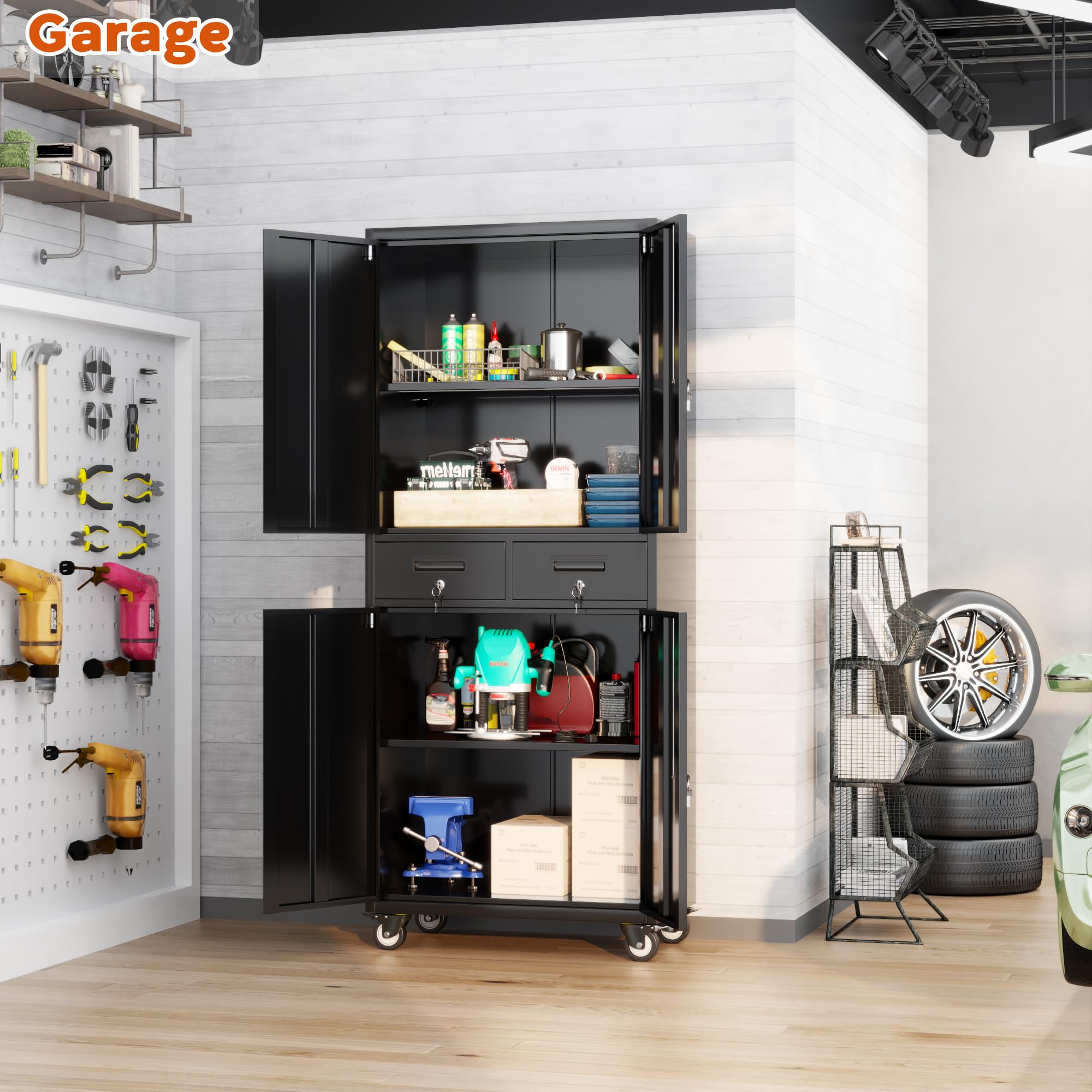 LOCENHU Garage Cabinet with Locking Doors,Tool Storage Cabinet with 4 Wheels and 2 Drawer and Adjustable Shelves- 71" H Rolling Storage Cabinet for Garage,Warehouse,Home,Office,School(Black)