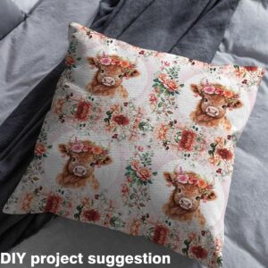 Feelyou Cute Highland Cow Fabric by The Yard 2 Yards Cartoon Animal Decorative Waterproof Outdoor Fabric Flower Floral Print Upholstery Fabric for Chairs Farm Zoo Garden Theme DIY Reupholstery Fabric