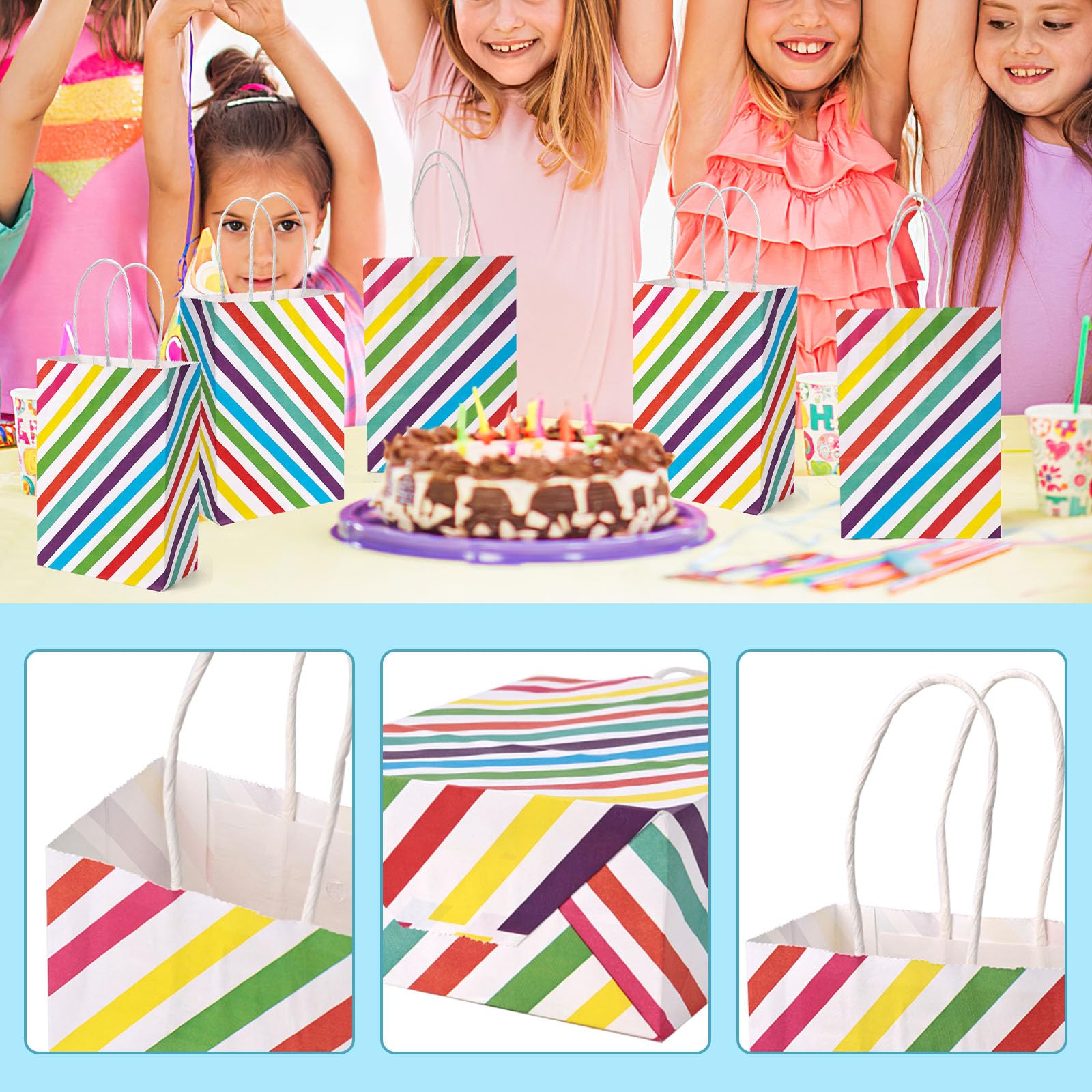 VGOODALL 32PCS Party Favor Bags, 5.5x2.8x8 inches Colorful Stripe Gift Bags with Handles Goodie Bags Treat Candy Bags Striped Paper Bags for Gift Giving Birthday, Colorful Stripe Bags