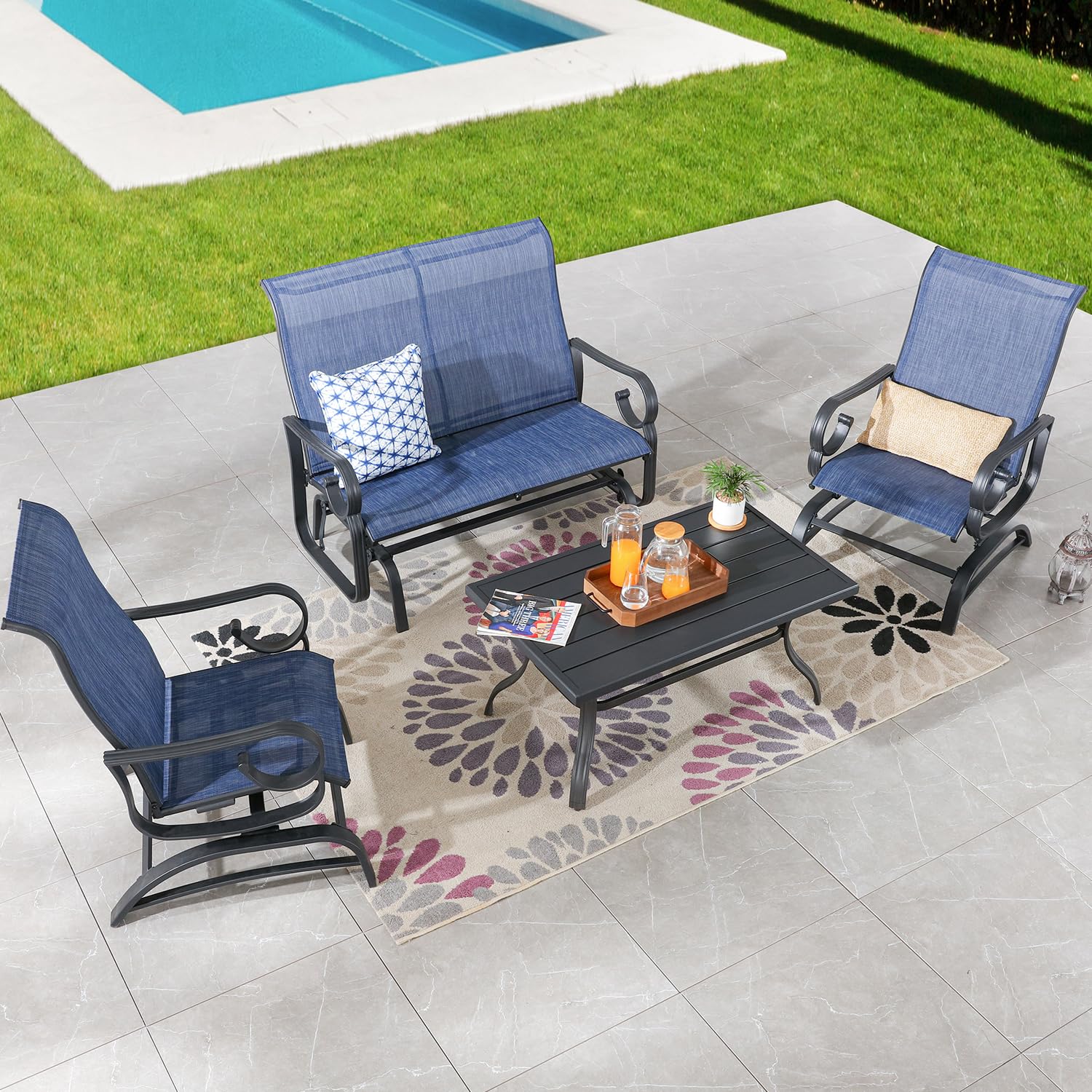 PatioFestival 4 Pcs Patio Glider Set, Outdoor Furniture Set with Metal Coffee Table,Gliding Rocking Chair,Textilene Fabric,Gliding Rocking Chair Set for Garden, Yard, Poolside(Blue)