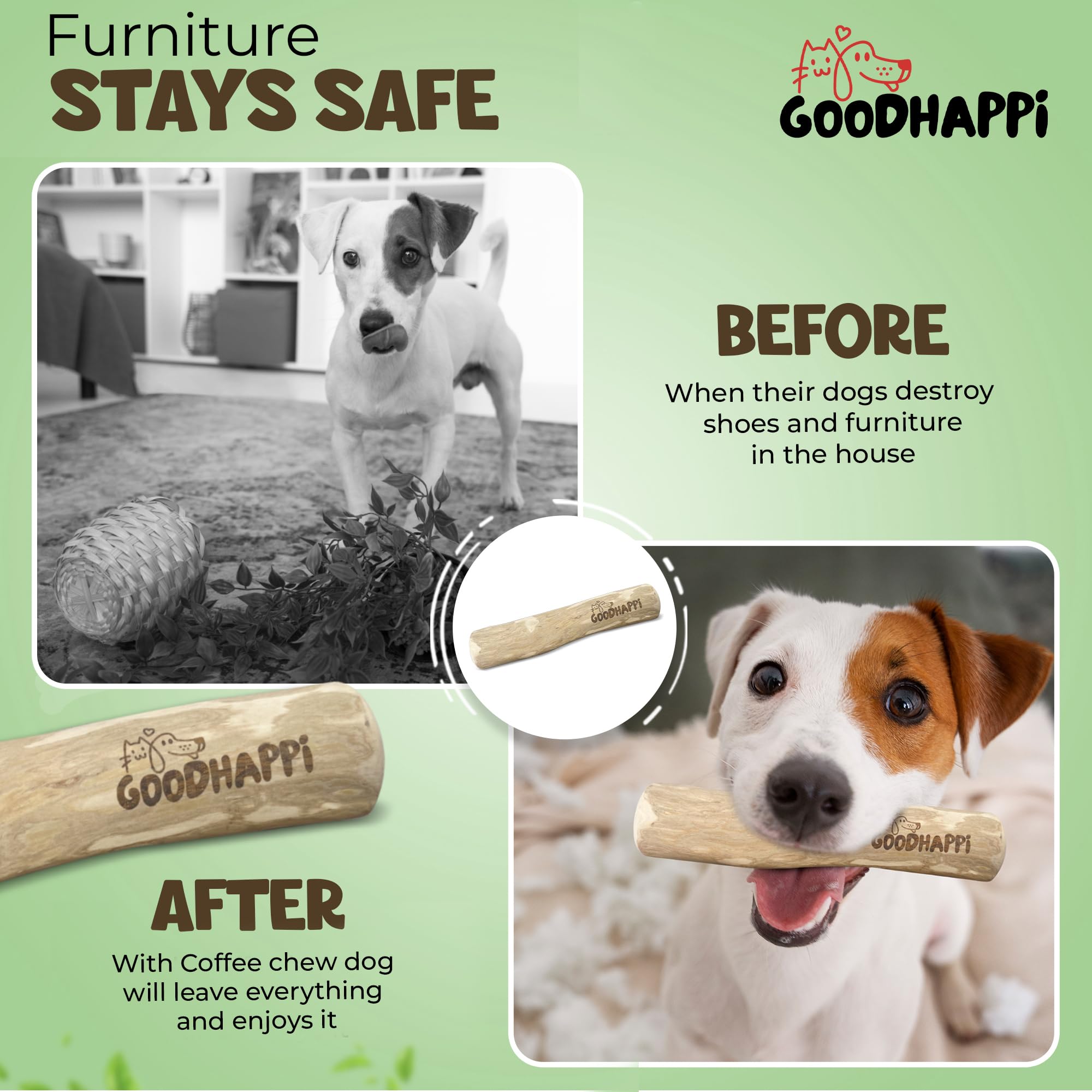 GOODHAPPI Natural Coffee Wood Dog Chew - Safe Wood Chews for Dogs, Perfect Chew Toys for Puppies 0-6 Months, Durable Coffee Stick Teething Toy for Puppies - Pack of 2 PCS