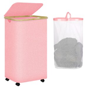 pink laundry hamper with wheels - 100l large laundry hamper with lid, rolling laundry hamper on wheels, collapsible laundry hamper with removable mesh bag and bamboo handles for easy carrying