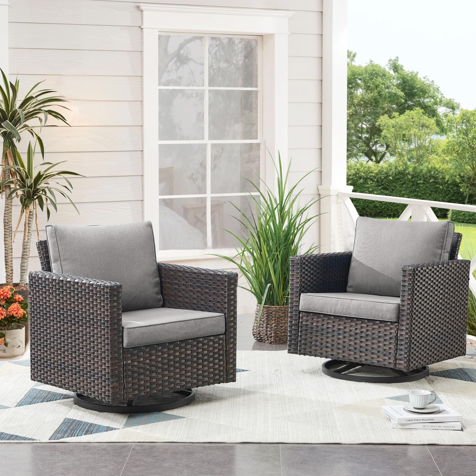 Artfurniz Patio Chairs Wicker Swivel Rocker - Oversize Patio Furniture Conversation Set Outdoor Swivel Glider 350LBS Max Load Outdoor Rocking Chairs with High Back for Porch Balcony Deck - Brown/Grey