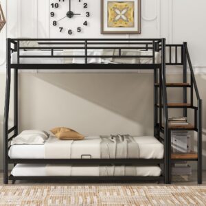 jintop twin over full size metal bunk bed with trundle and storage staircase,bedroom heavy duty bed frame w/full-length guardrail,save space,for kid boy girl adult,black