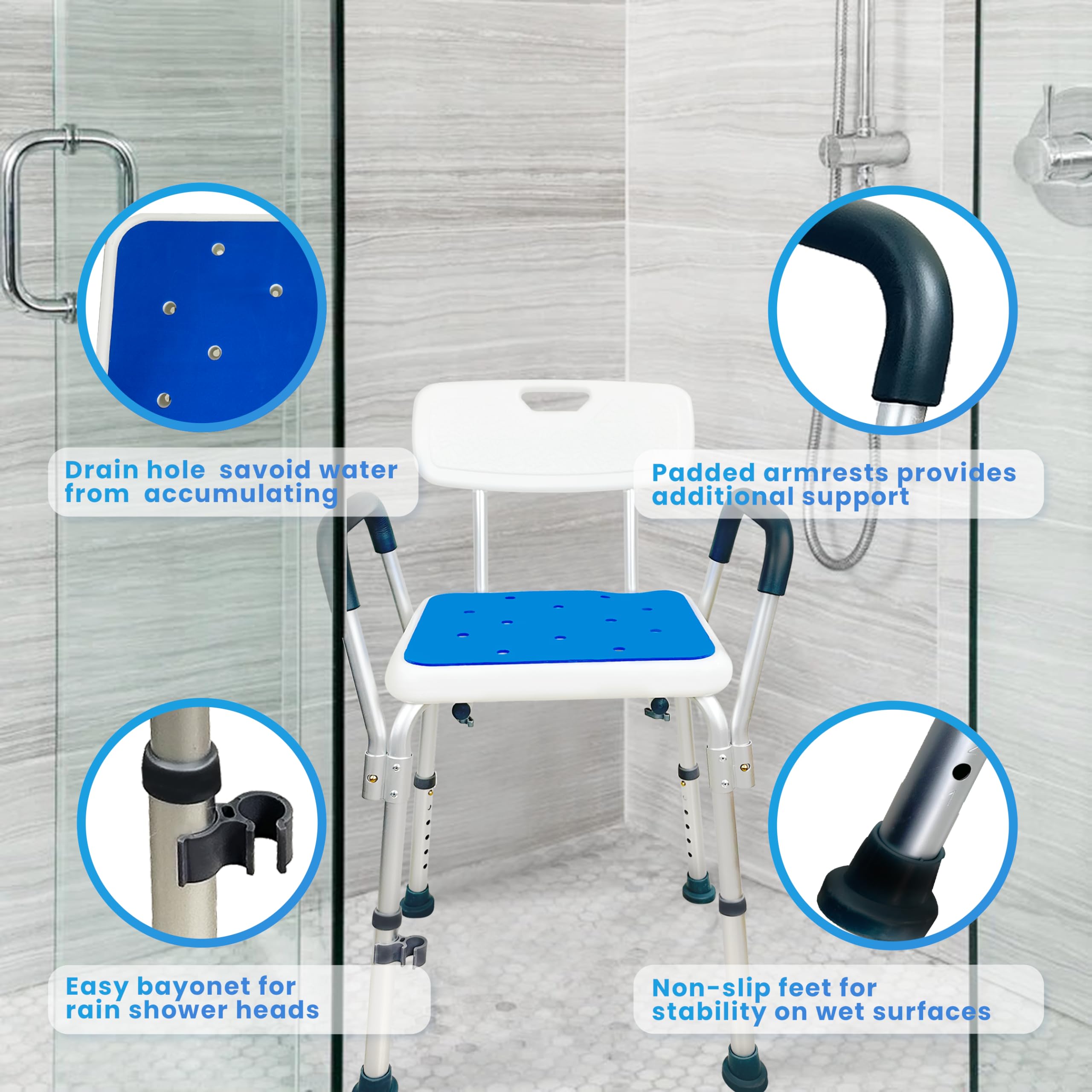 Shower Chair for Inside Shower Seat with Padded Armrests Cushion and Backrest Equipped with Suction Feet Adjustable Height Shower Bench Bath Seat for Shower Chair for Inside Tub