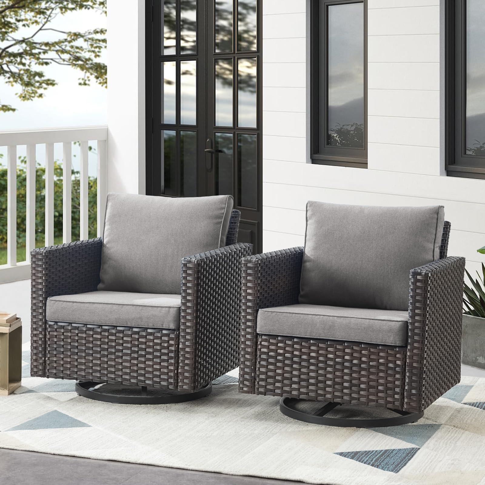 Artfurniz Patio Chairs Wicker Swivel Rocker - Oversize Patio Furniture Conversation Set Outdoor Swivel Glider 350LBS Max Load Outdoor Rocking Chairs with High Back for Porch Balcony Deck - Brown/Grey