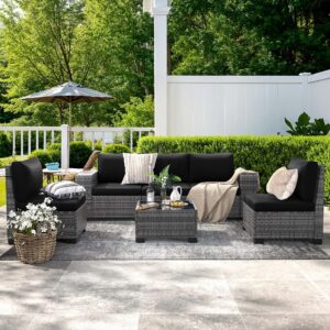 VONZOY Patio Furniture Set, Outdoor Sectional Sofa Sets, 6 Pieces Wide Armrest Grey PE Rattan Wicker Seating Conversation Set, 4'' Thickened Cushions 1 Glass Coffee Table for Backyard Poolside, Black