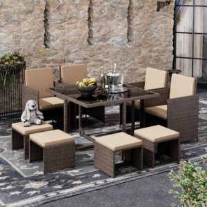 esmlada 9 pieces patio dining sets outdoor conversation sets, space saving wicker chairs with glass table and ottomans, cushioned seating and back sectional dining sets(br-be)