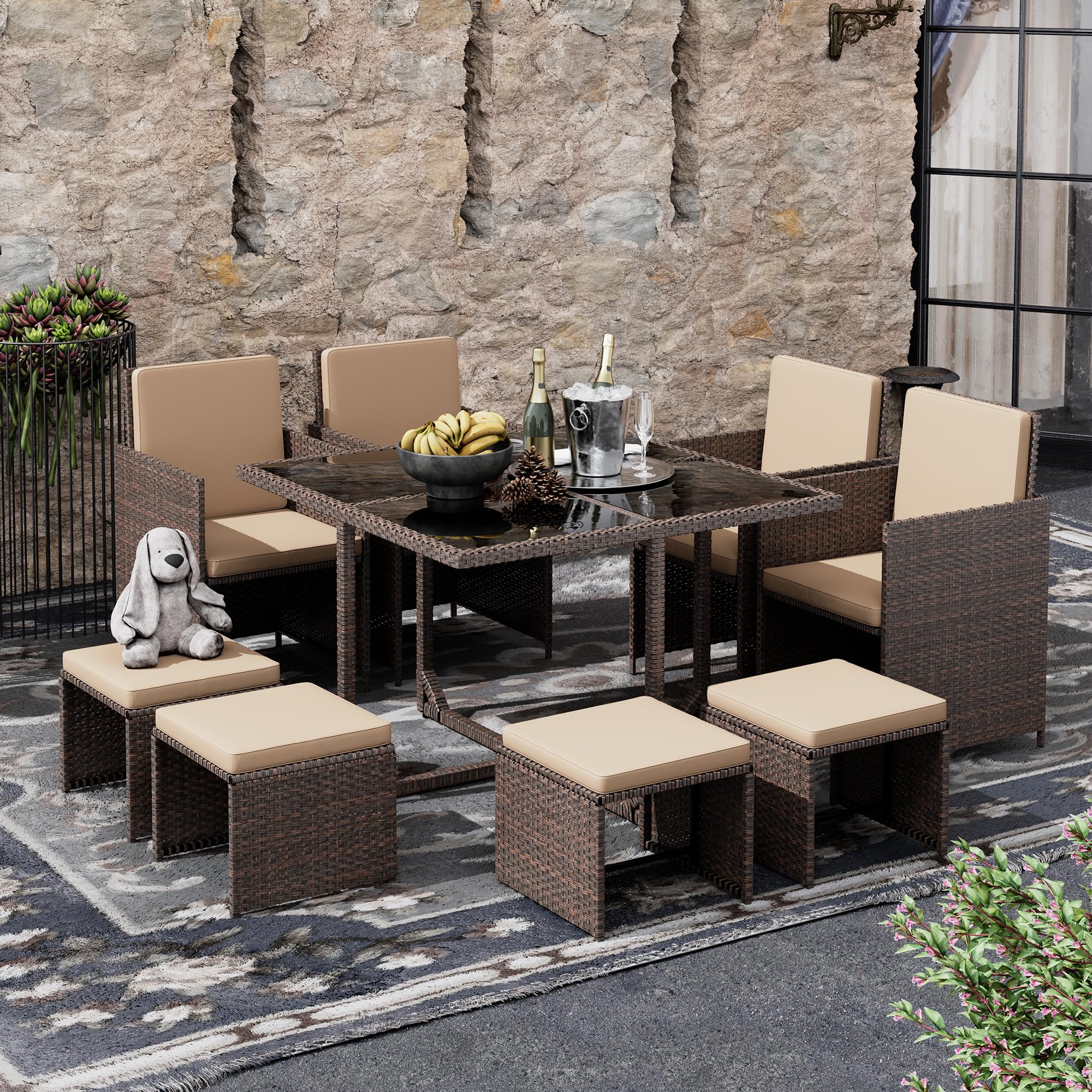 Esmlada 9 Pieces Patio Dining Sets Outdoor Conversation Sets, Space Saving Wicker Chairs with Glass Table and Ottomans, Cushioned Seating and Back Sectional Dining Sets(BR-BE)