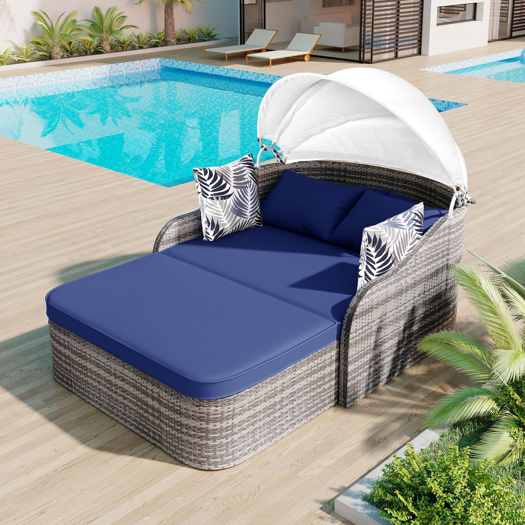 Merax, Double Lounge Bed, Blue Outdoor Patio Rattan Daybed Sunbed with Retractable Canopy, Sectional Conversation Sofa Set for Backyard and Porch